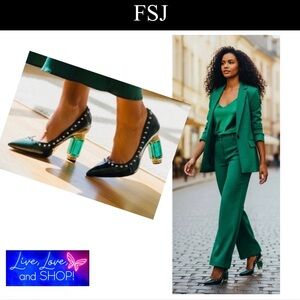 Emerald Chunky Heels w/Emerald Crystals, Gold Detailing, & Olive Rivets, EUC